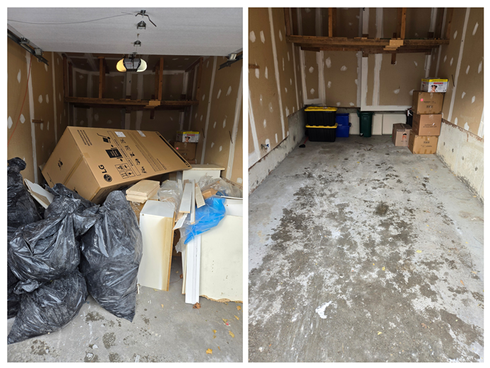 Before and after images of a garage; left side shows cluttered space filled with garbage bags, cardboard boxes, and debris, while right side shows a clean, organized garage with minimal items.